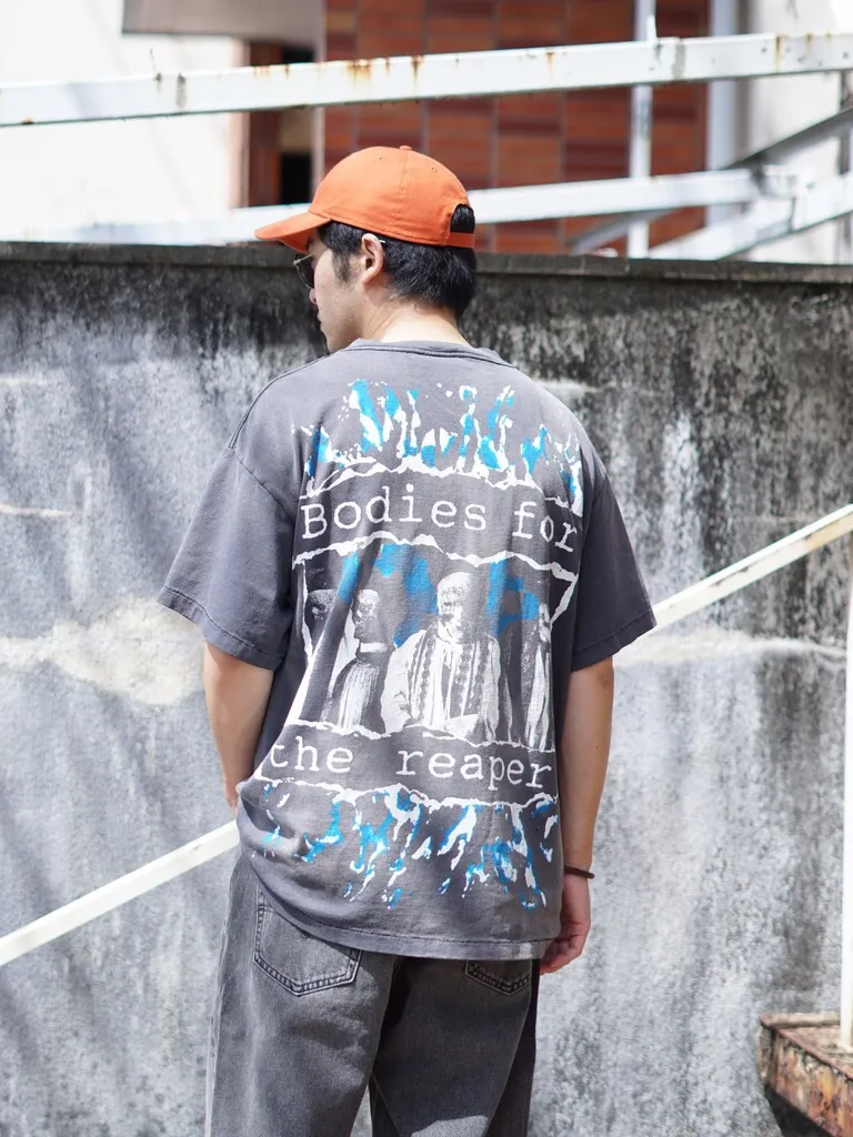 SAINT MICHAEL SS TEE/B FOR REAPER Jesus Hell's Angels Washed and Distressed Short Sleeves Washed Black S-XL Garment Dyed Printed Washed and Distressed
